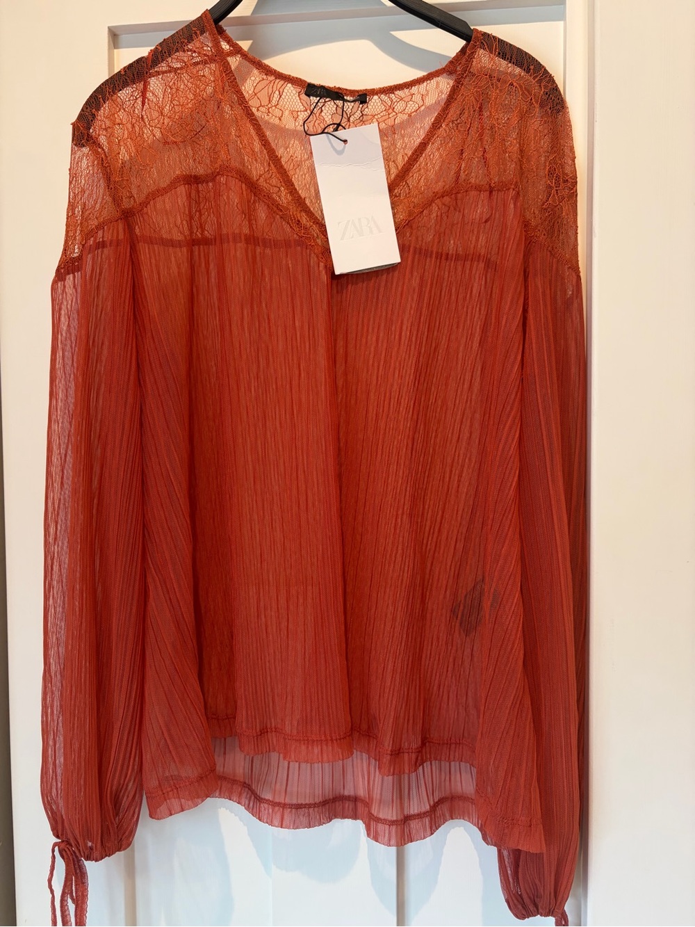 Zara Rust Sheer Pleated Lace-Yoke Long Sleeve Top